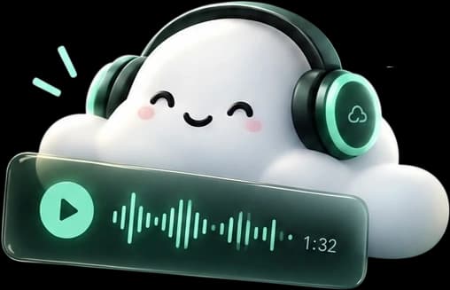 Cirro Cloud mascot wearing headphones next to a glowing audio player